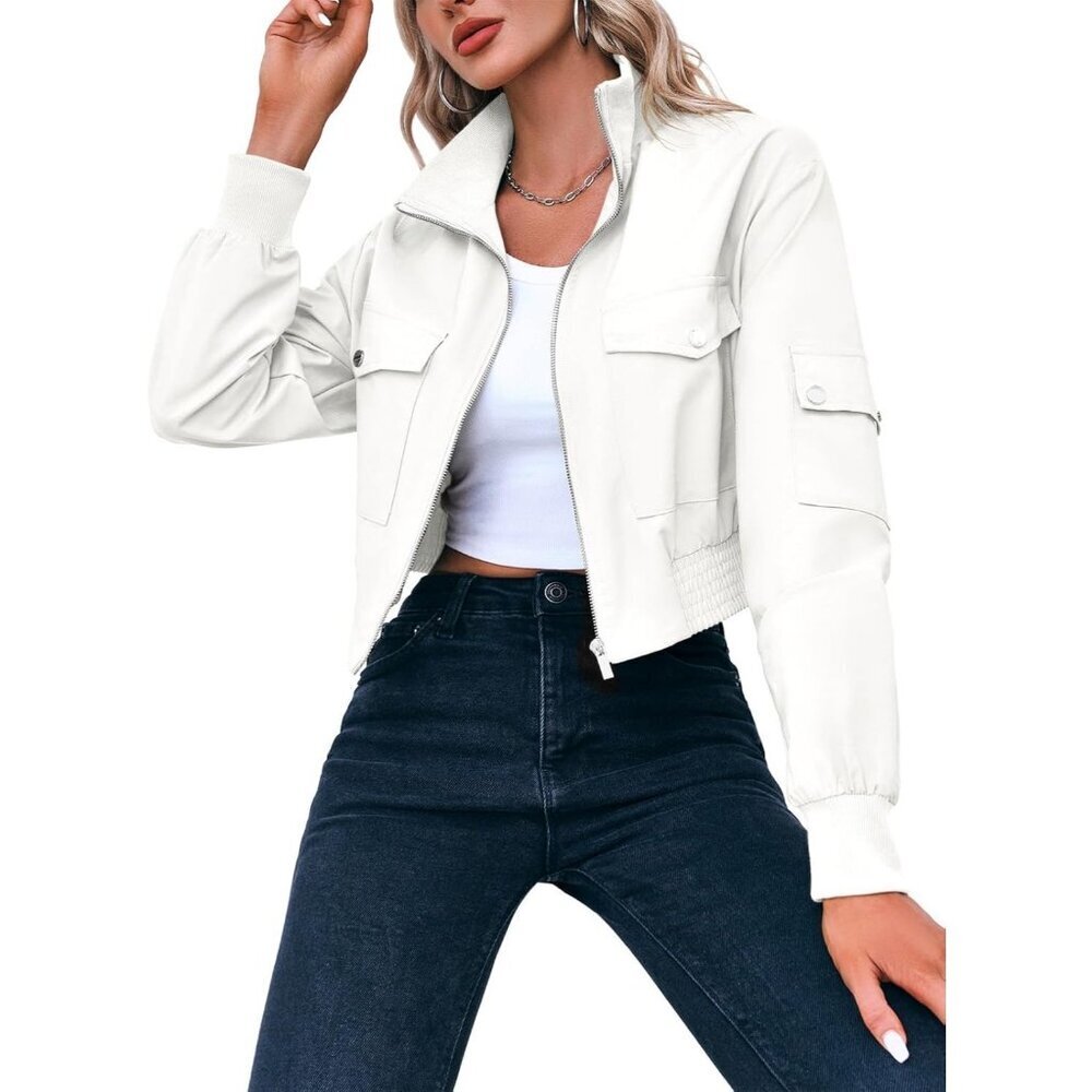 Women's White Short Bomber Jackets Stand Collar Zip Up Long Sleeve Lightweight - Picture 3 of 6